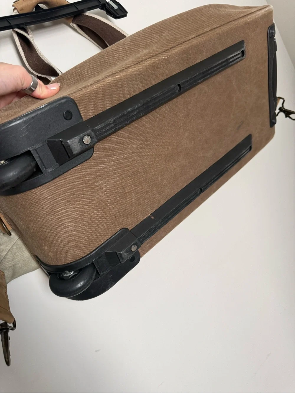 L.L. Bean Cream Canvas Duffel with Brown Straps and Orange Star Accents